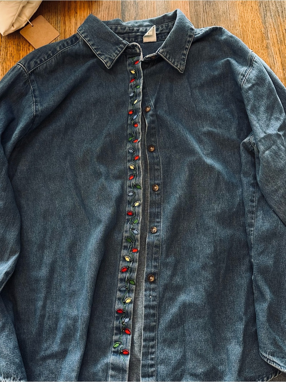 Denim Button-Up Jacket with Embroidered Christmas Lights Trim - Blue